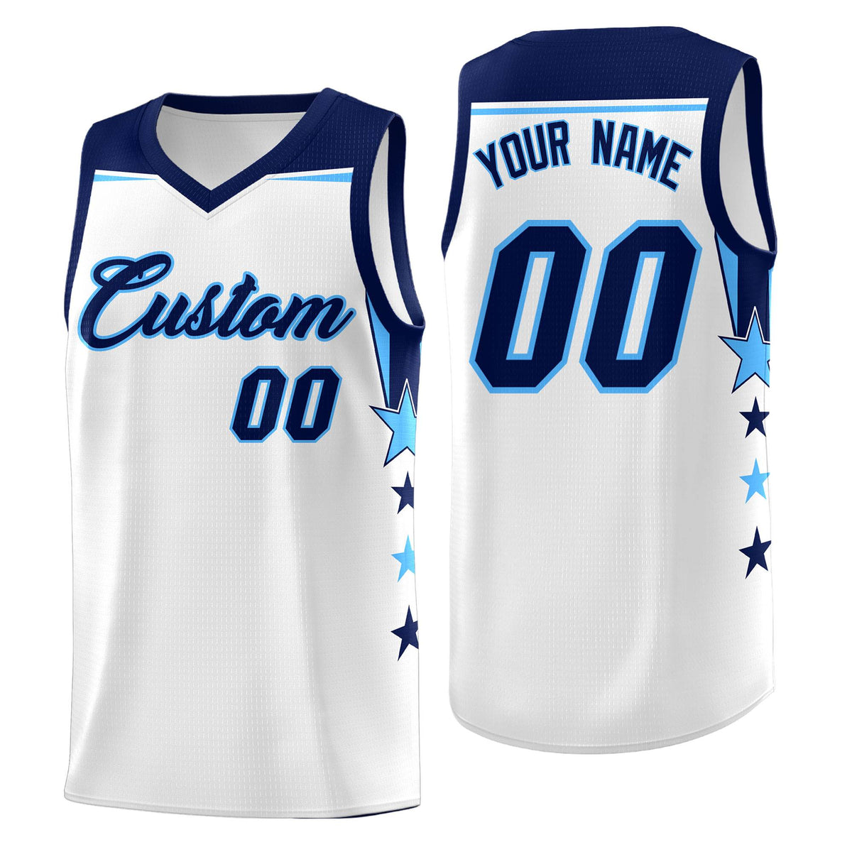 Custom Youth Basketball Uniform White Navy Two Tone Side Star Add Name Number &amp; Logo