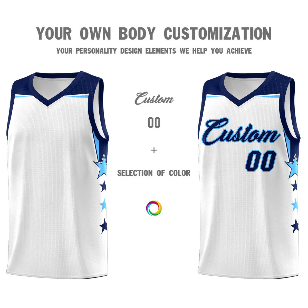 Custom Youth Basketball Uniform White Navy Two Tone Side Star Add Name Number &amp; Logo