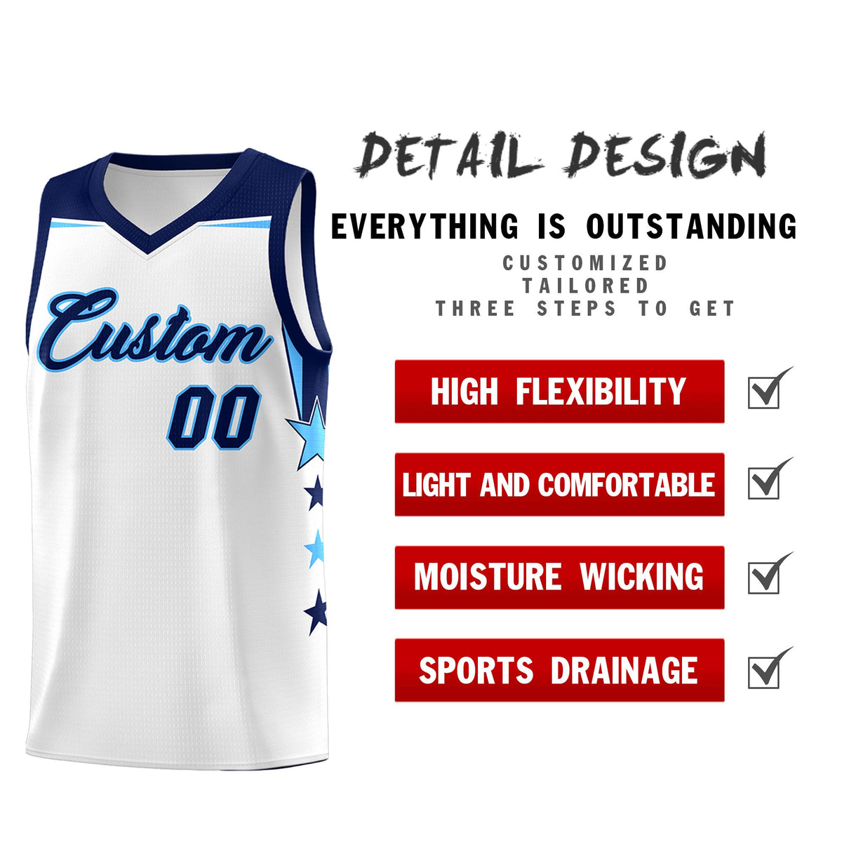 Custom Youth Basketball Uniform White Navy Two Tone Side Star Add Name Number &amp; Logo