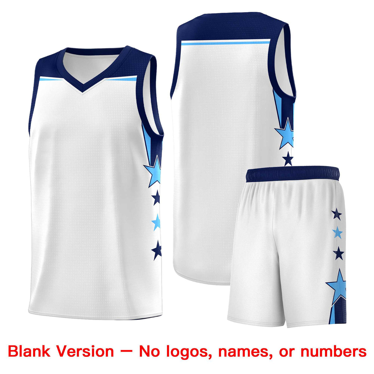 Custom Youth Basketball Uniform White Navy Two Tone Side Star Add Name Number &amp; Logo