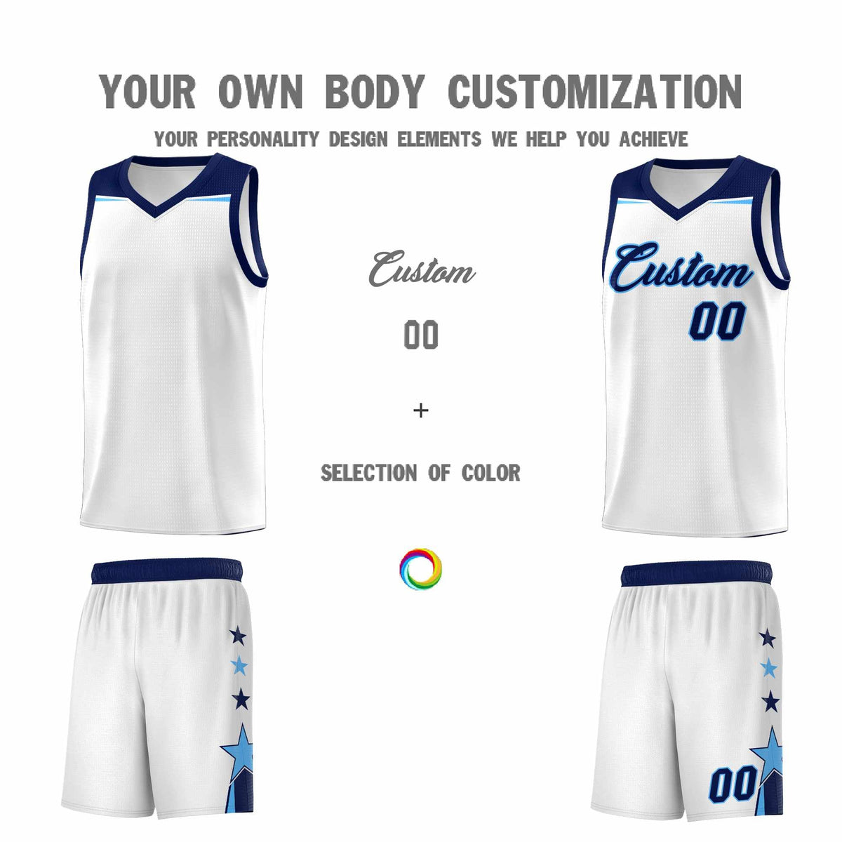 Custom Youth Basketball Uniform White Navy Two Tone Side Star Add Name Number &amp; Logo