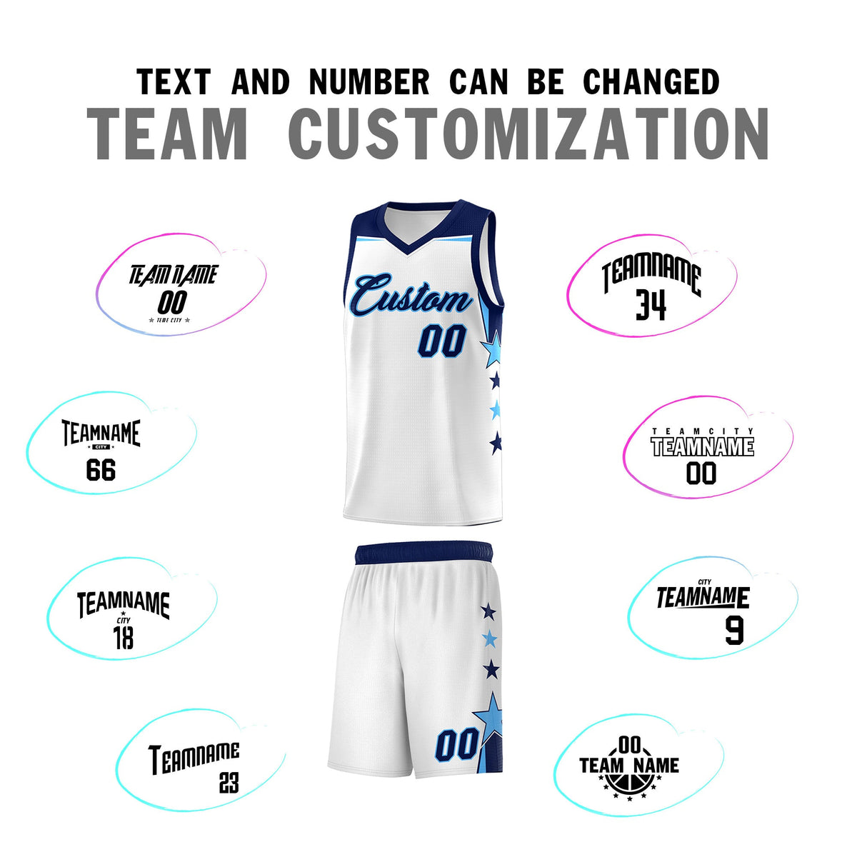 Custom Youth Basketball Uniform White Navy Two Tone Side Star Add Name Number &amp; Logo