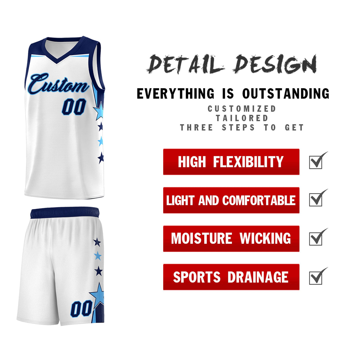 Custom Youth Basketball Uniform White Navy Two Tone Side Star Add Name Number &amp; Logo