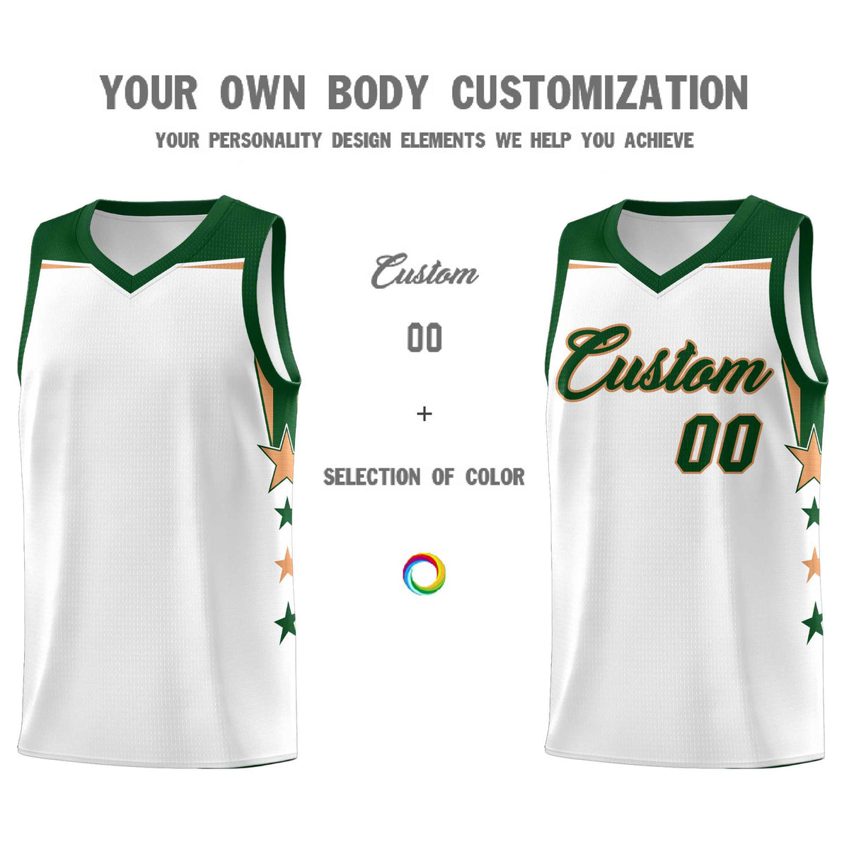 Custom Youth Basketball Uniform White Green Two Tone Side Star Add Name Number &amp; Logo