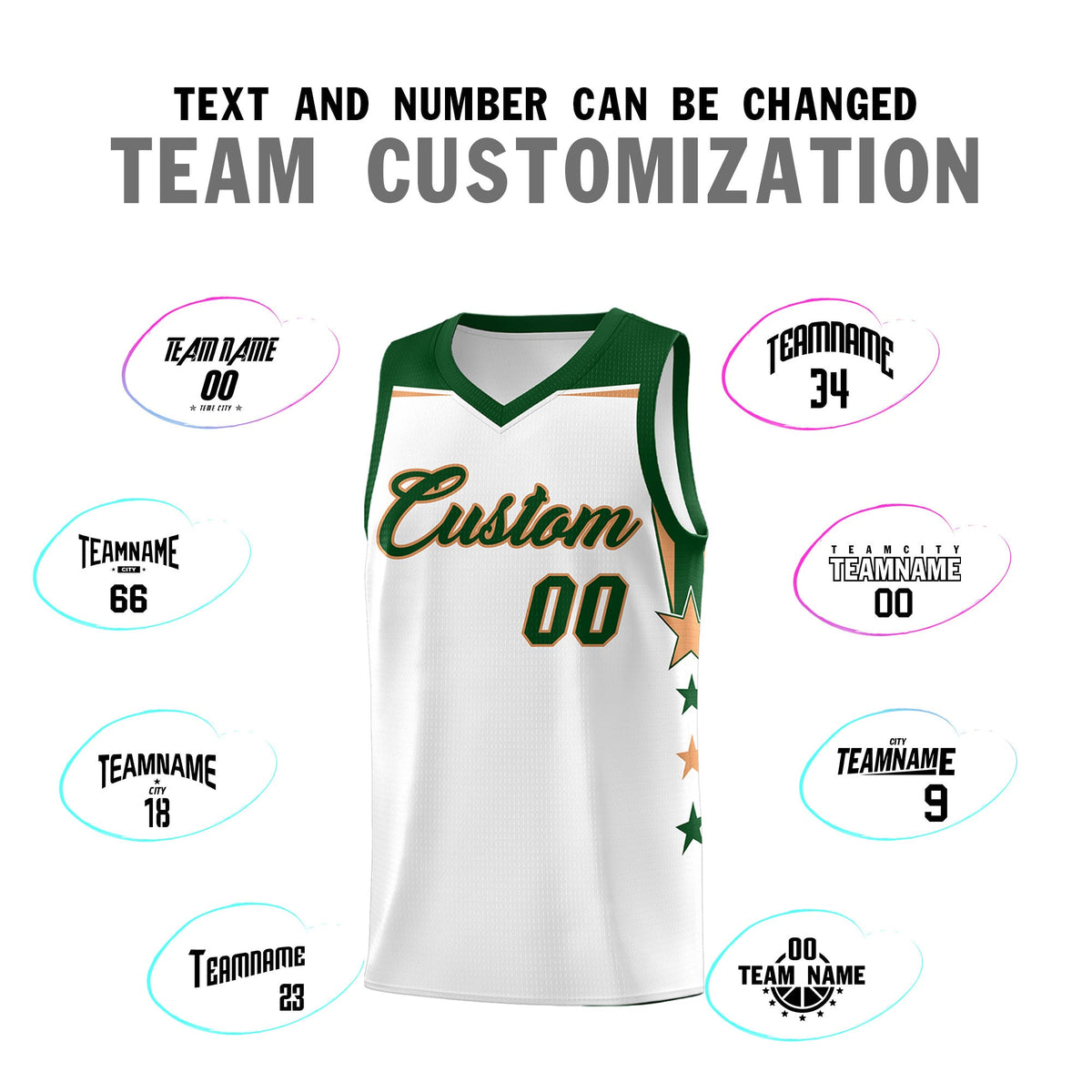 Custom Youth Basketball Uniform White Green Two Tone Side Star Add Name Number &amp; Logo