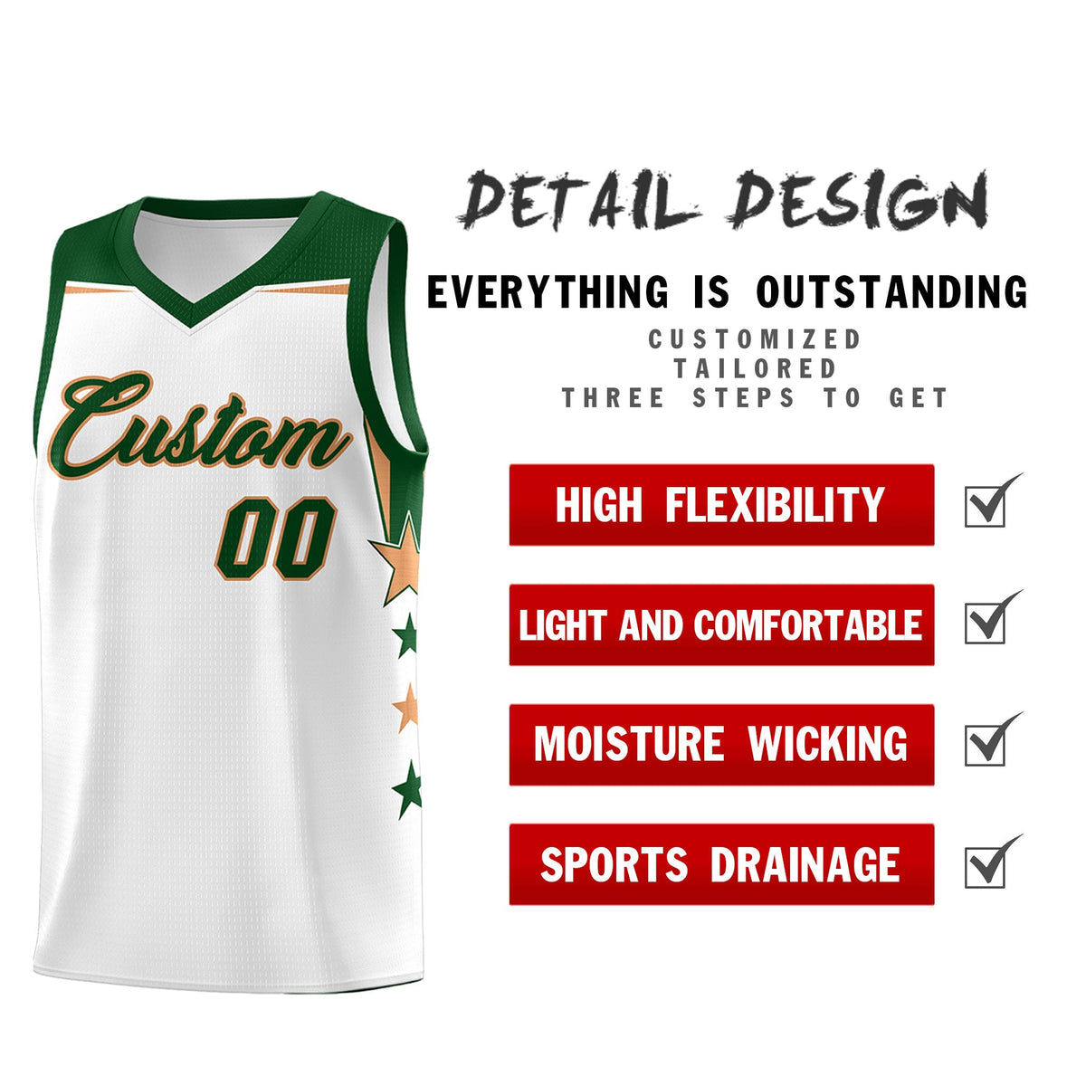 Custom Youth Basketball Uniform White Green Two Tone Side Star Add Name Number &amp; Logo
