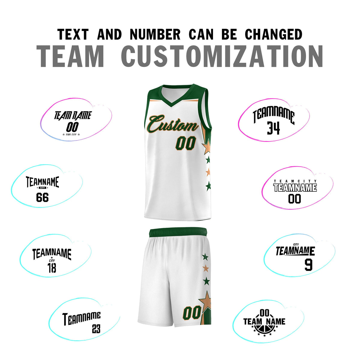 Custom Youth Basketball Uniform White Green Two Tone Side Star Add Name Number &amp; Logo