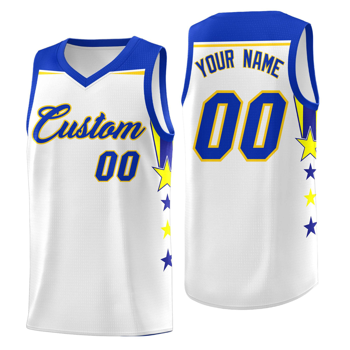 Custom Youth Basketball Uniform White Royal Two Tone Side Star Add Name Number &amp; Logo