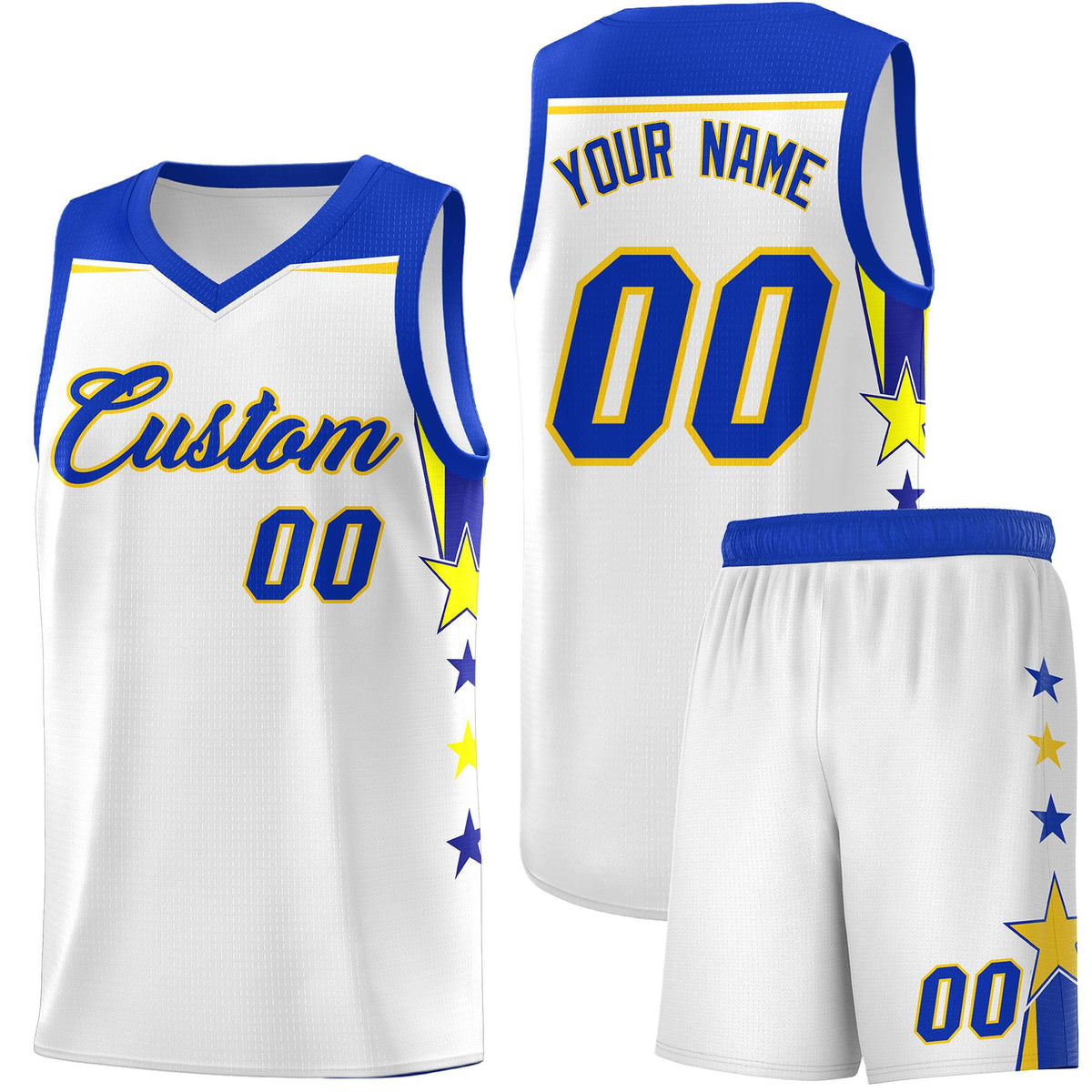 Custom Youth Basketball Uniform White Royal Two Tone Side Star Add Name Number &amp; Logo