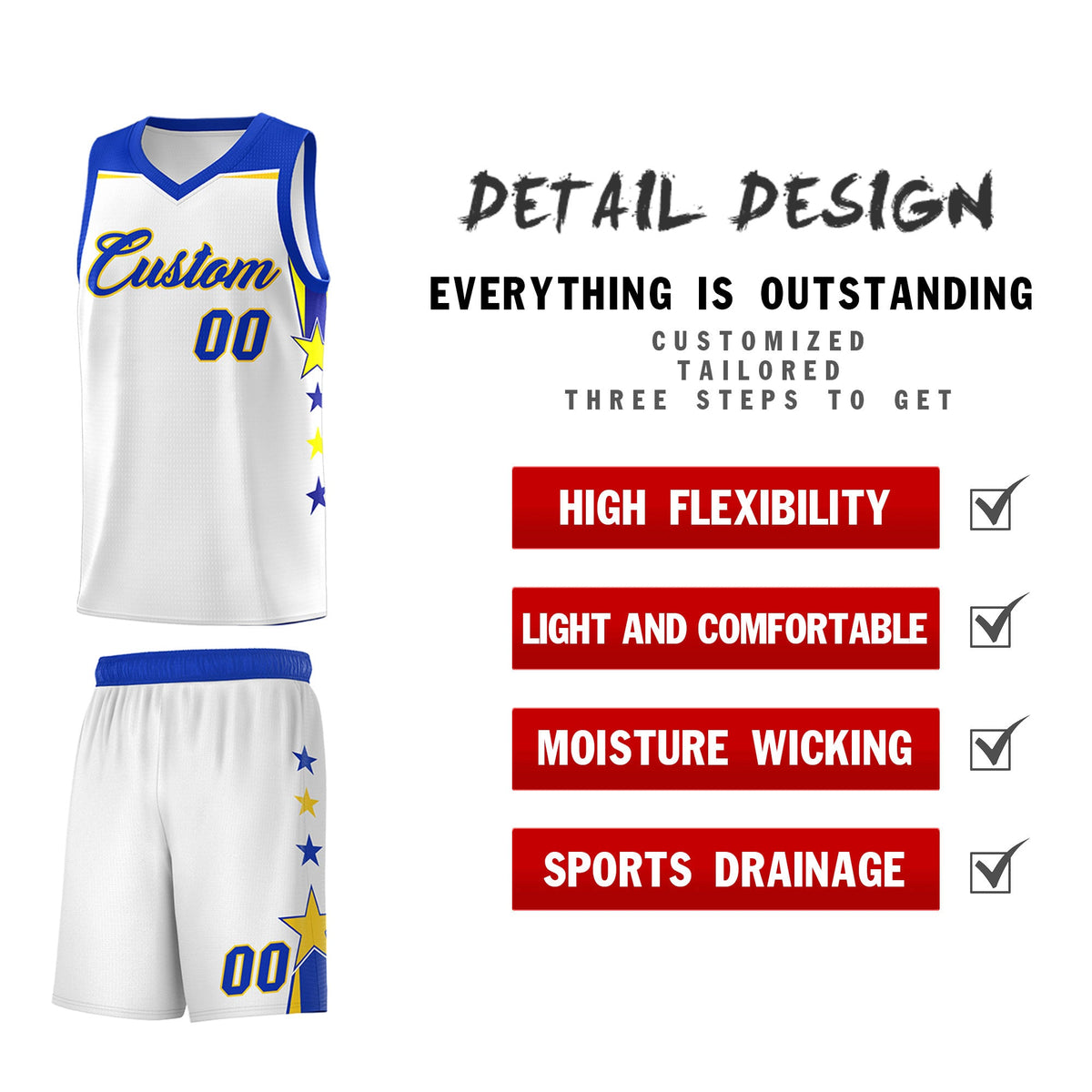 Custom Youth Basketball Uniform White Royal Two Tone Side Star Add Name Number &amp; Logo