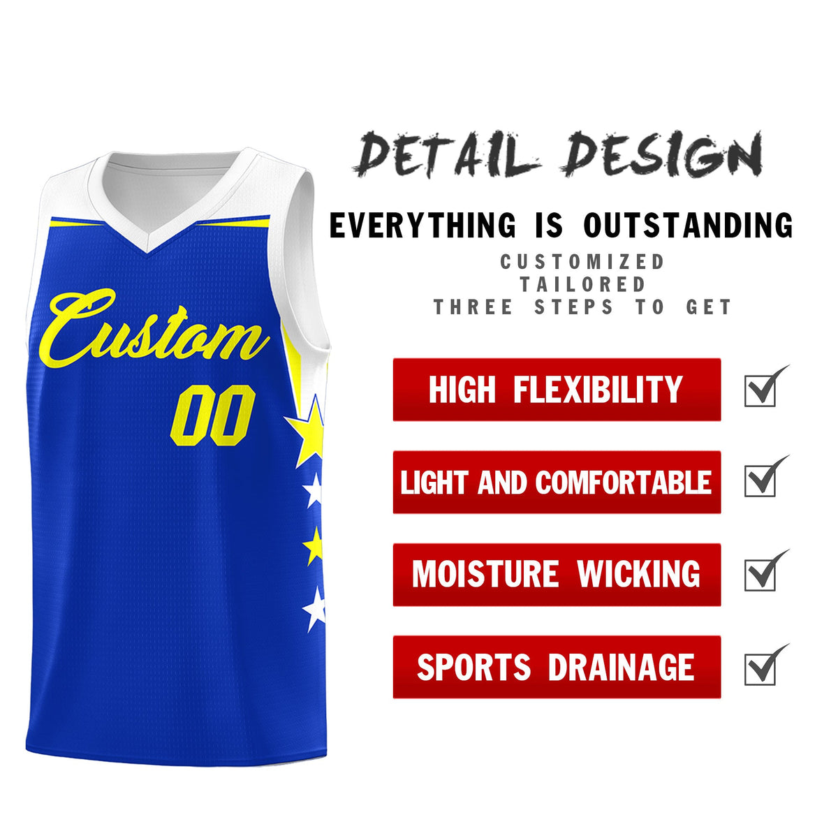 Custom Youth Basketball Uniform Royal White Two Tone Side Star Personalized Team Jersey