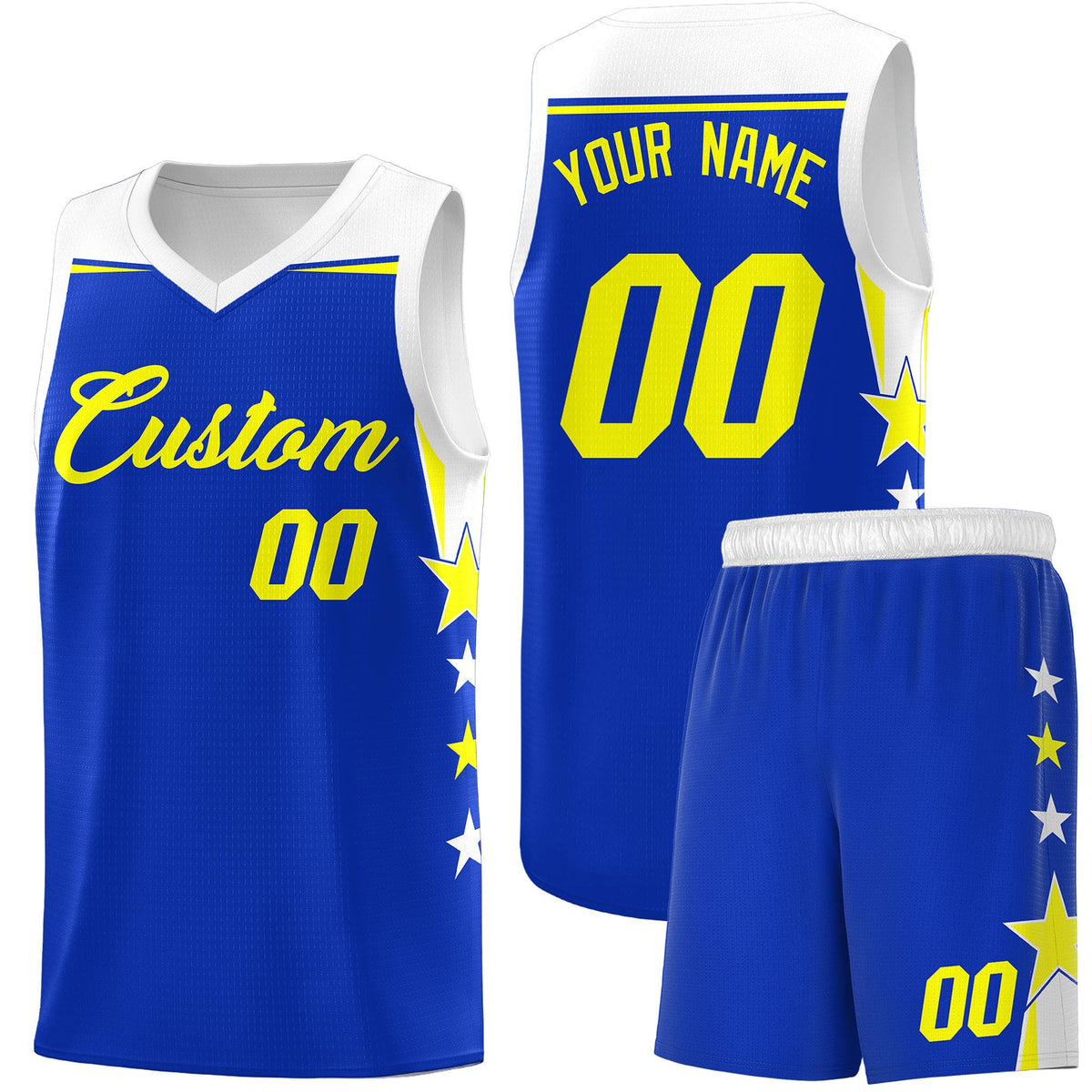 Custom Youth Basketball Uniform Royal White Two Tone Side Star Personalized Team Jersey