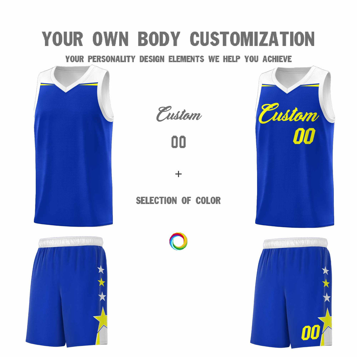 Custom Youth Basketball Uniform Royal White Two Tone Side Star Personalized Team Jersey