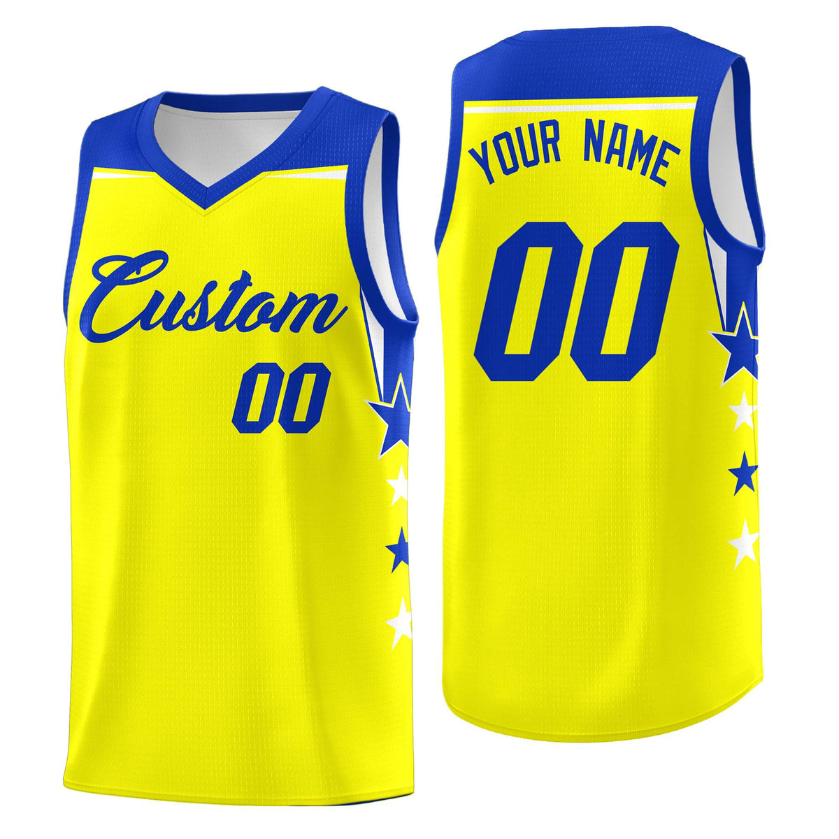 Custom Youth Basketball Uniform Fluorescent Yellow Royal Two Tone Side Star Color Block Team Jersey