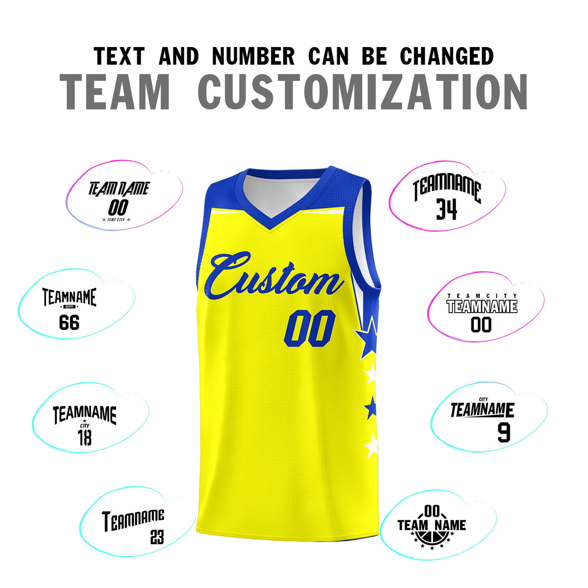 Custom Youth Basketball Uniform Fluorescent Yellow Royal Two Tone Side Star Color Block Team Jersey