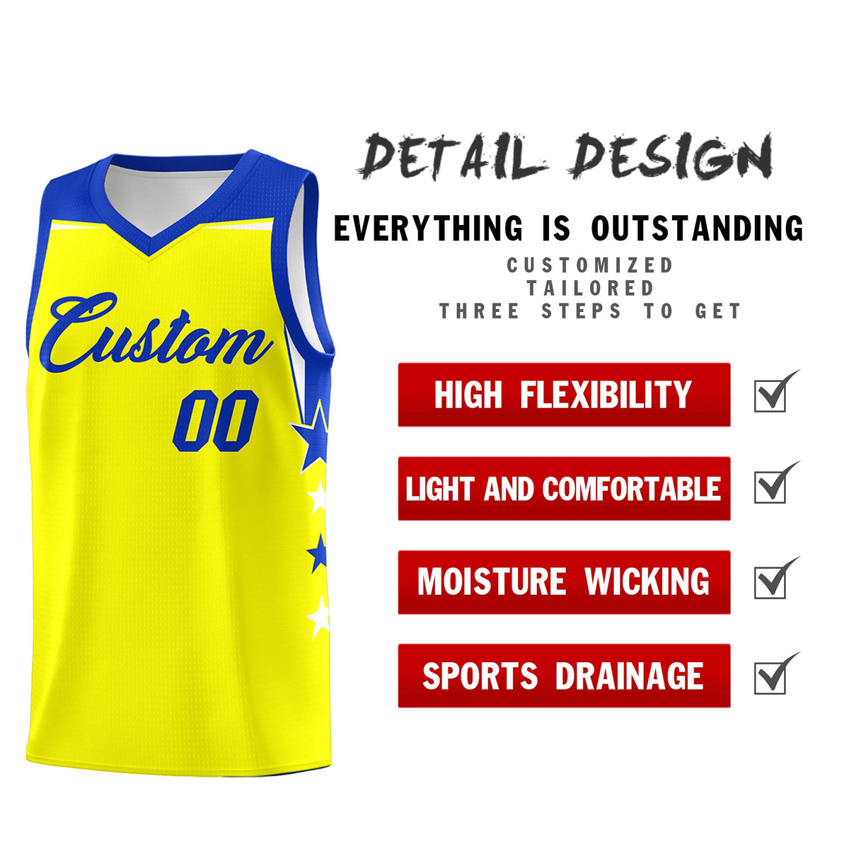 Custom Youth Basketball Uniform Fluorescent Yellow Royal Two Tone Side Star Color Block Team Jersey