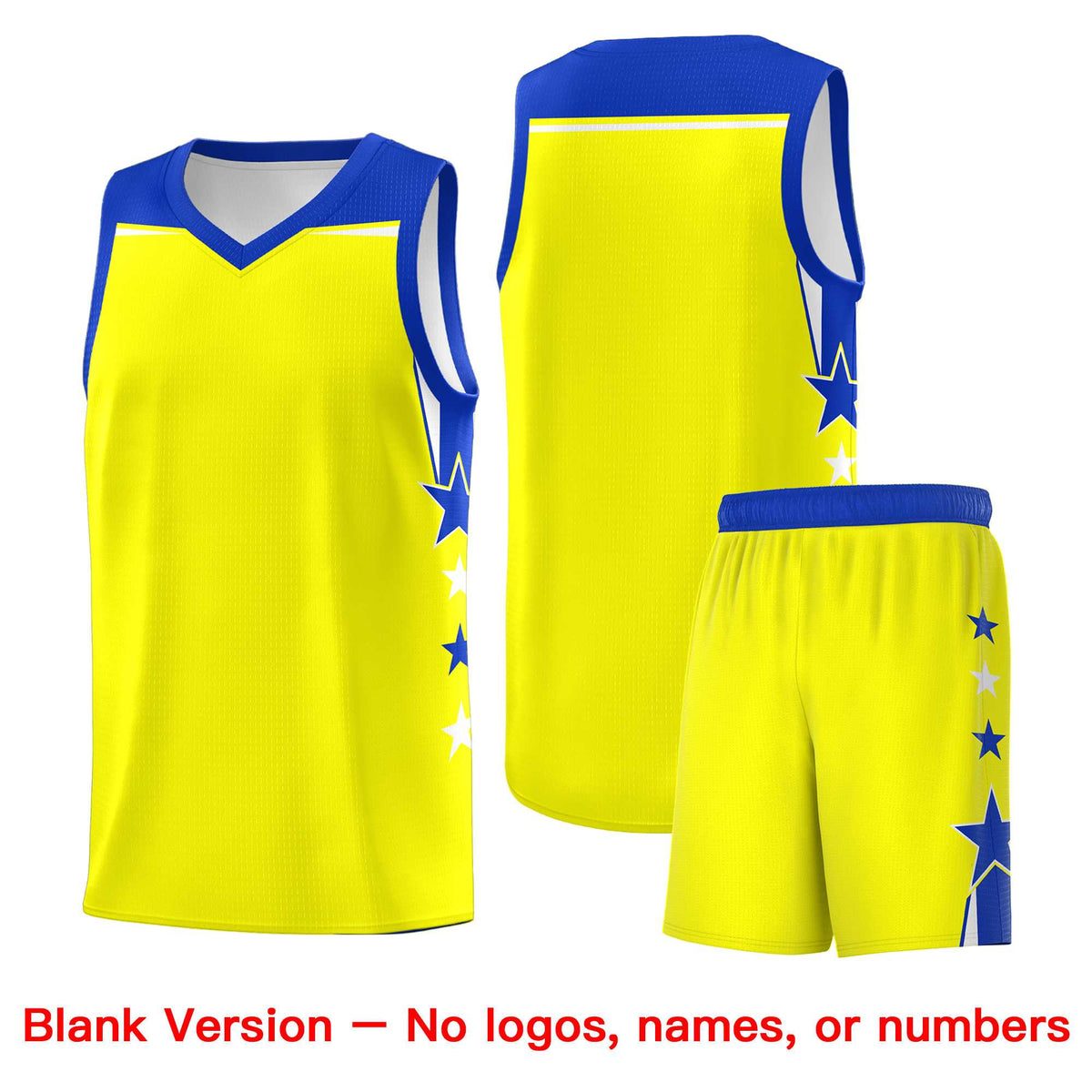 Custom Youth Basketball Uniform Fluorescent Yellow Royal Two Tone Side Star Color Block Team Jersey