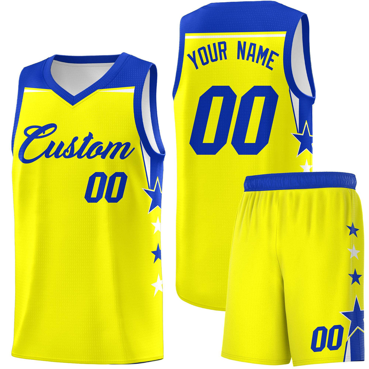 Custom Youth Basketball Uniform Fluorescent Yellow Royal Two Tone Side Star Color Block Team Jersey