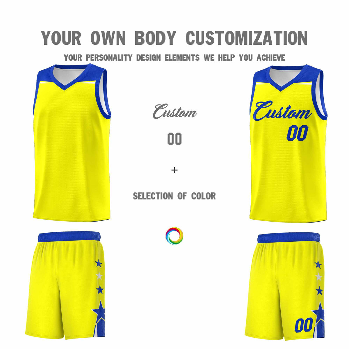 Custom Youth Basketball Uniform Fluorescent Yellow Royal Two Tone Side Star Color Block Team Jersey