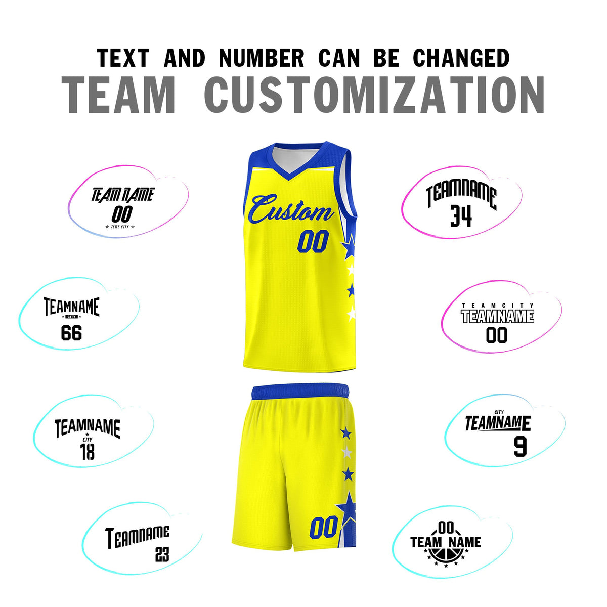Custom Youth Basketball Uniform Fluorescent Yellow Royal Two Tone Side Star Color Block Team Jersey