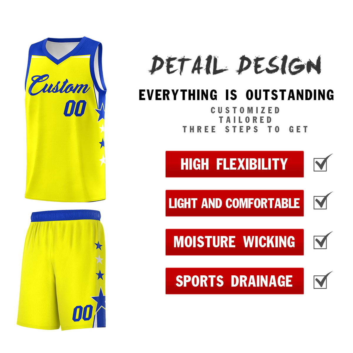 Custom Youth Basketball Uniform Fluorescent Yellow Royal Two Tone Side Star Color Block Team Jersey