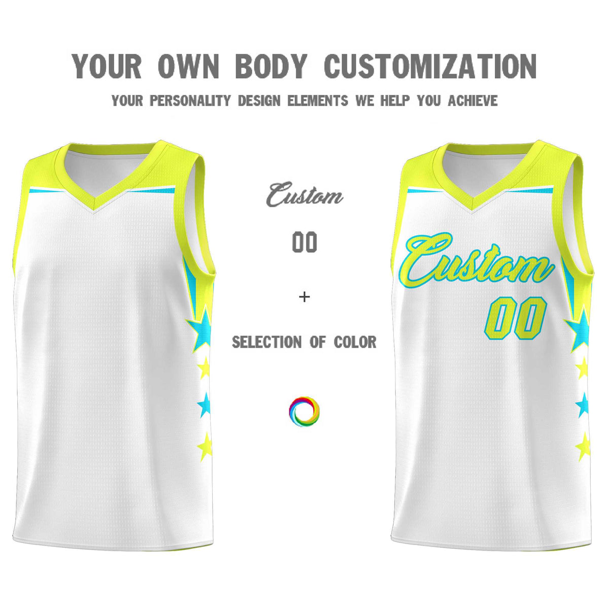 Custom Youth Basketball Uniform White Fluorescent Green Two Tone Side Star Add Name Number &amp; Logo