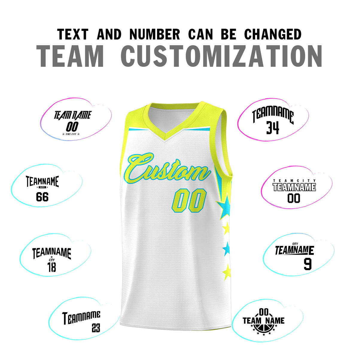 Custom Youth Basketball Uniform White Fluorescent Green Two Tone Side Star Add Name Number &amp; Logo