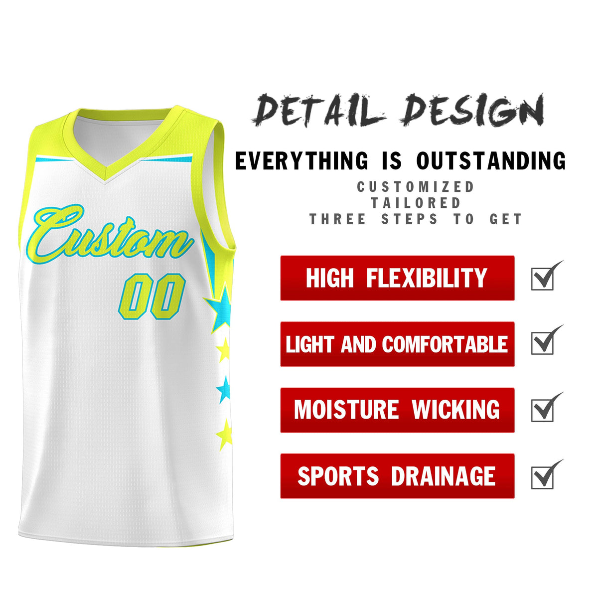 Custom Youth Basketball Uniform White Fluorescent Green Two Tone Side Star Add Name Number &amp; Logo