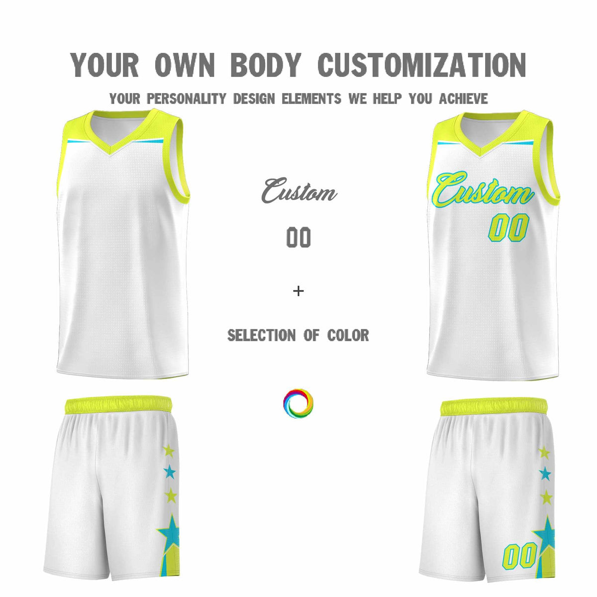 Custom Youth Basketball Uniform White Fluorescent Green Two Tone Side Star Add Name Number &amp; Logo