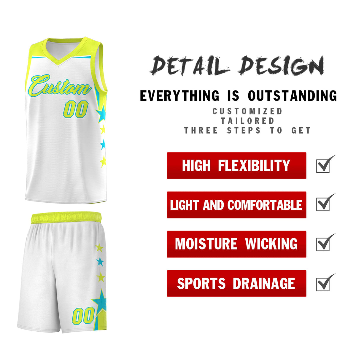 Custom Youth Basketball Uniform White Fluorescent Green Two Tone Side Star Add Name Number &amp; Logo