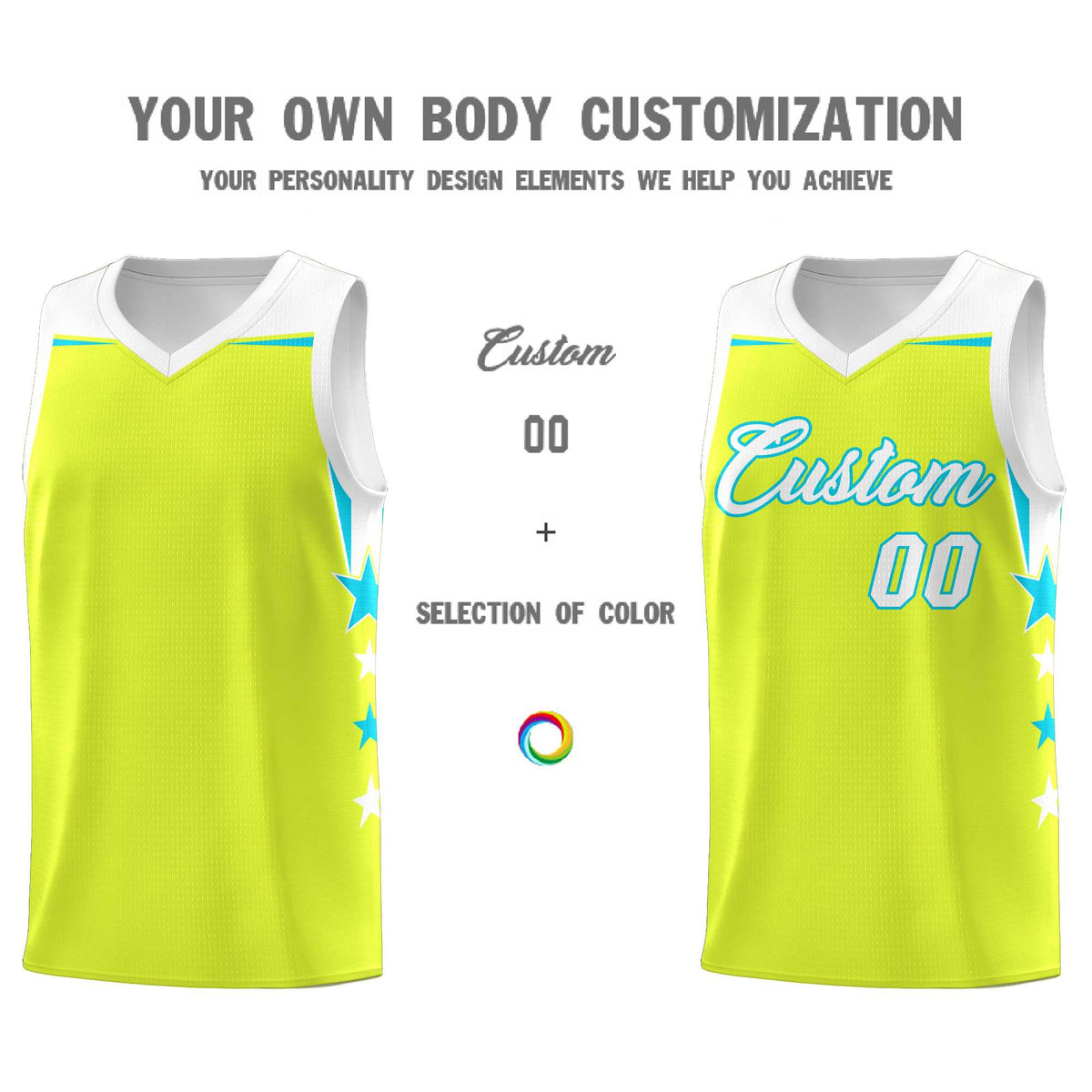Custom Youth Basketball Uniform Fluorescent Green White Two Tone Side Star Personalized Team Jersey
