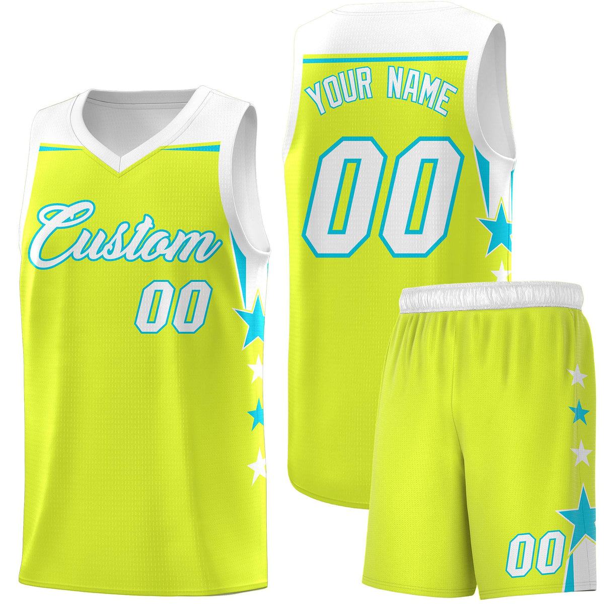 Custom Youth Basketball Uniform Fluorescent Green White Two Tone Side Star Personalized Team Jersey