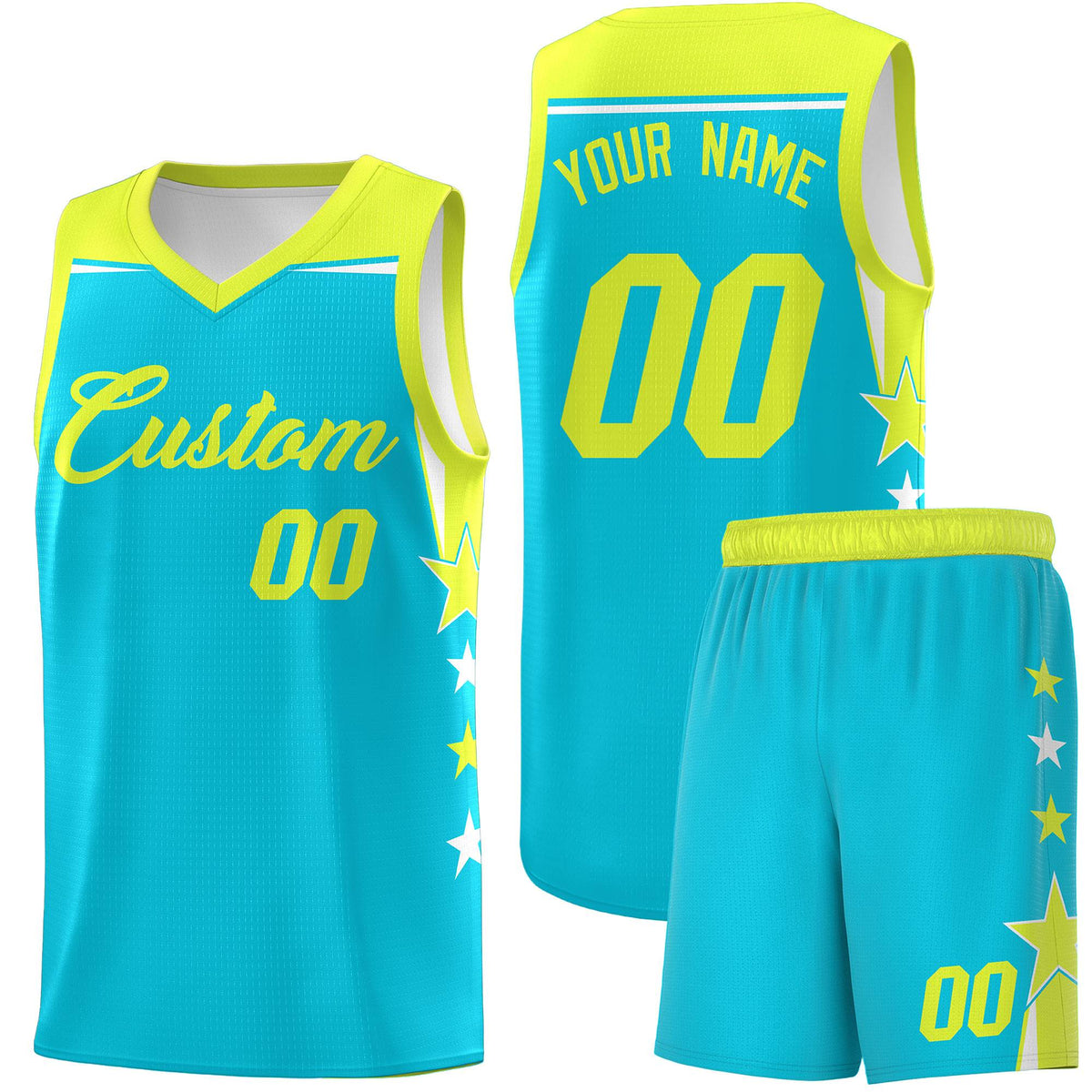 Custom Youth Basketball Uniform Sky Blue Fluorescent Green Two Tone Side Star Color Block Team Jersey