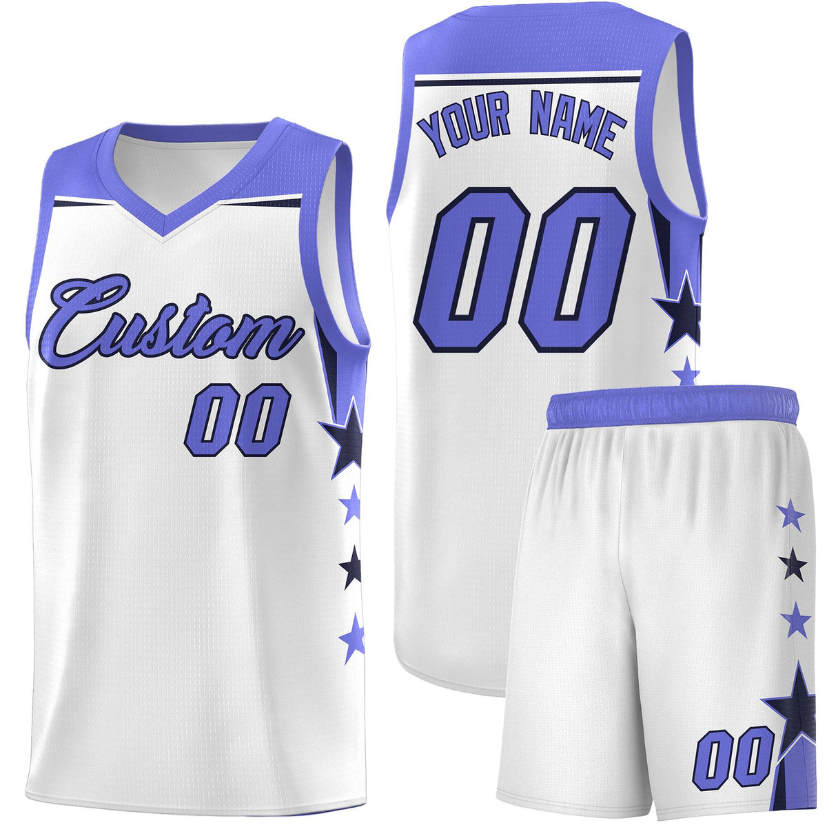Custom Youth Basketball Uniform White Purple Two Tone Side Star Add Name Number &amp; Logo