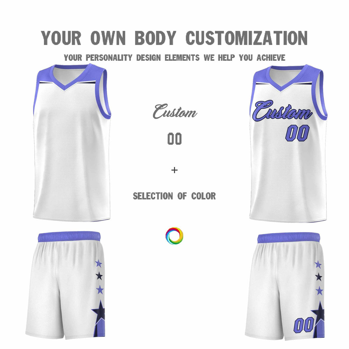 Custom Youth Basketball Uniform White Purple Two Tone Side Star Add Name Number &amp; Logo