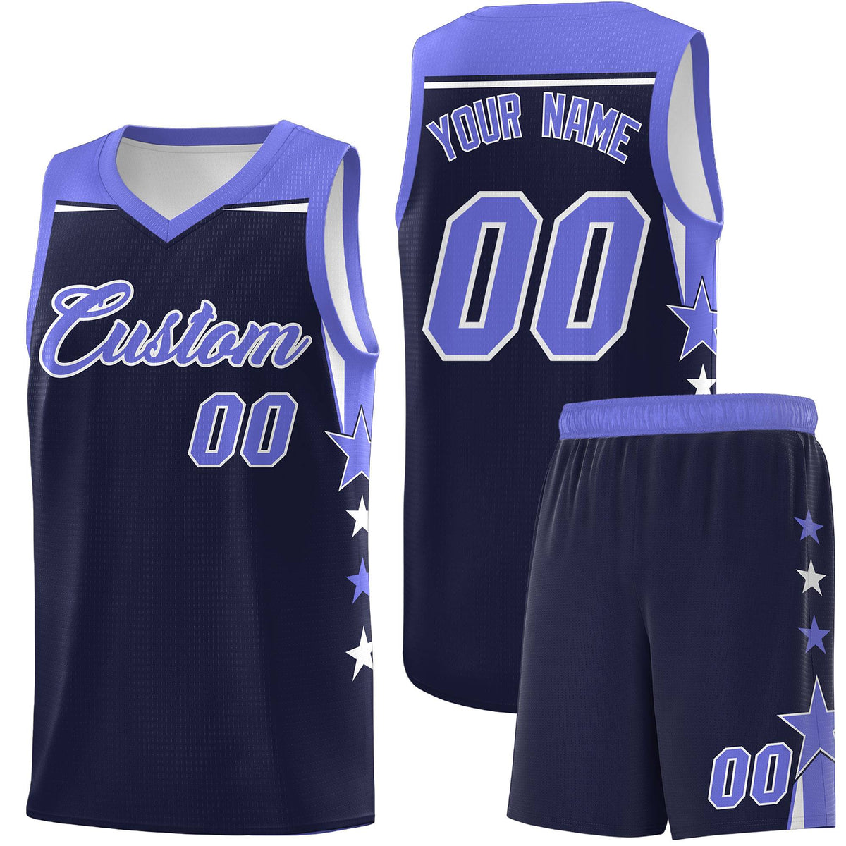 Custom Youth Basketball Uniform Navy Purple Two Tone Side Star Color Block Team Jersey