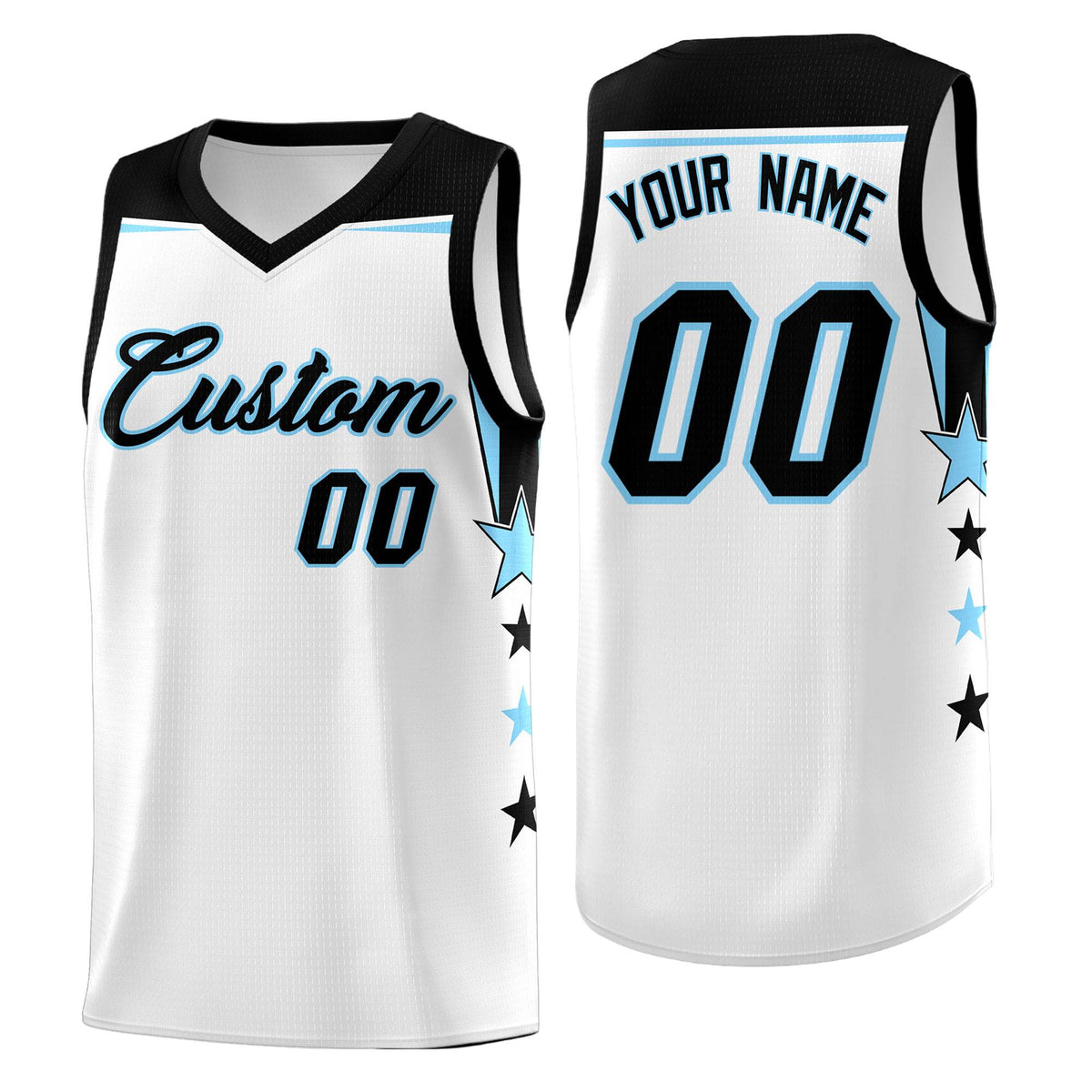 Custom Youth Basketball Uniform White Light Blue Two Tone Side Star Add Name Number &amp; Logo