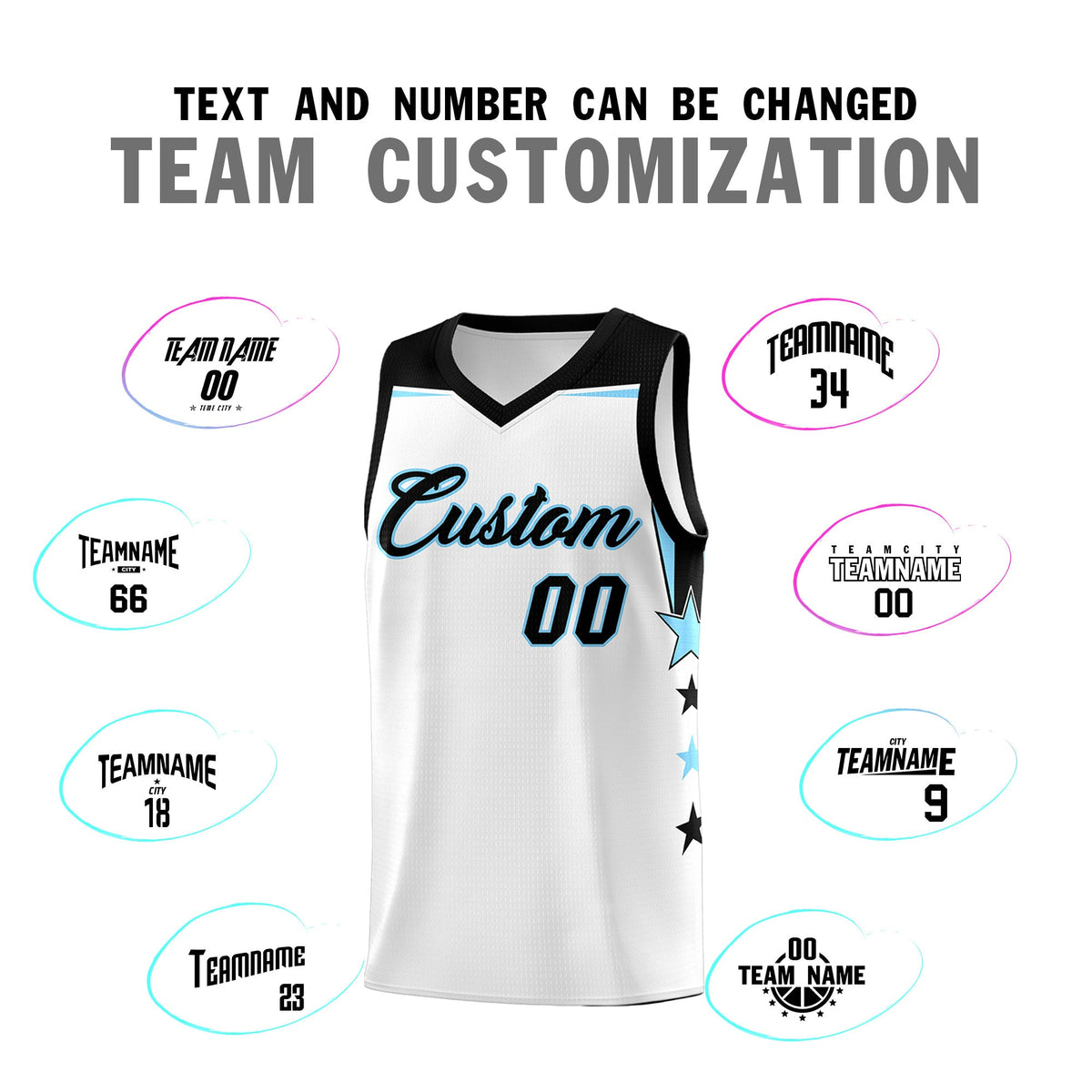 Custom Youth Basketball Uniform White Light Blue Two Tone Side Star Add Name Number &amp; Logo
