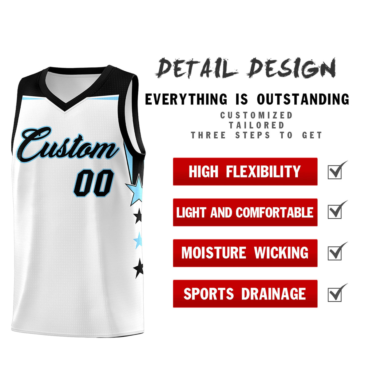 Custom Youth Basketball Uniform White Light Blue Two Tone Side Star Add Name Number &amp; Logo