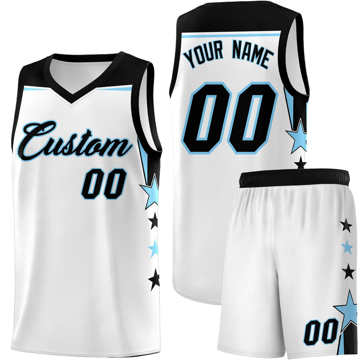 Custom Youth Basketball Uniform White Light Blue Two Tone Side Star Add Name Number &amp; Logo