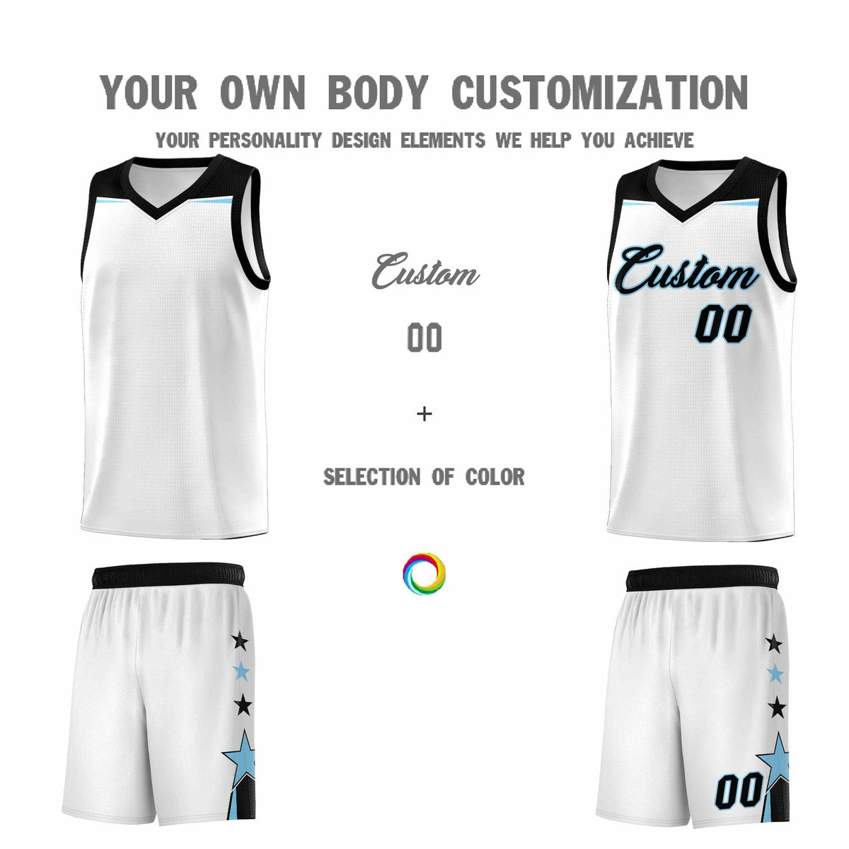 Custom Youth Basketball Uniform White Light Blue Two Tone Side Star Add Name Number &amp; Logo