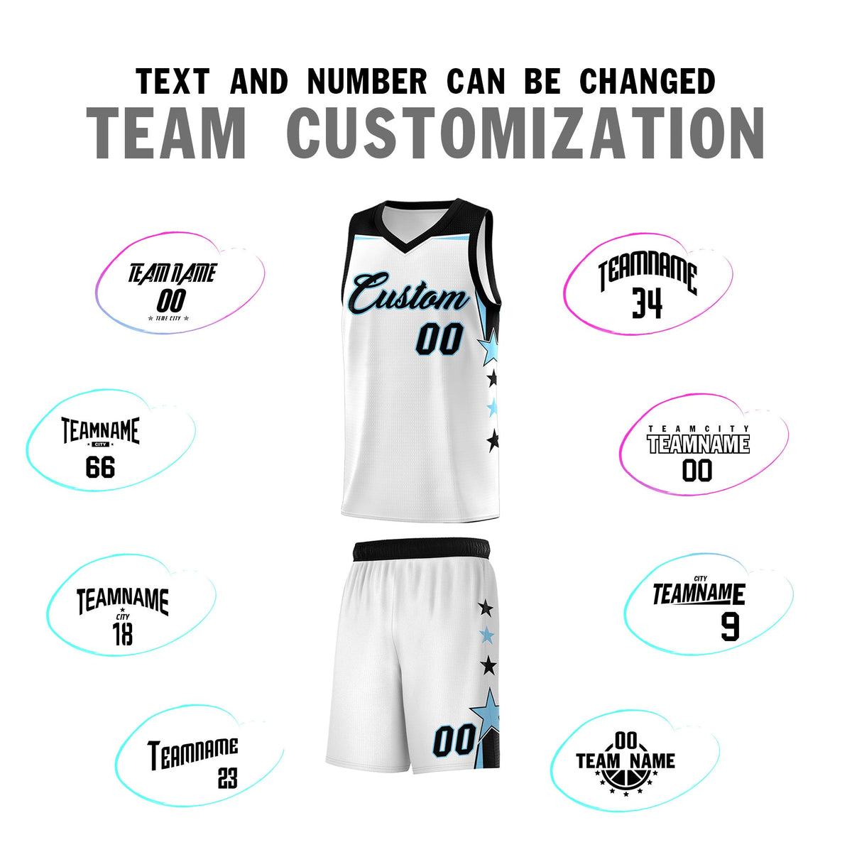 Custom Youth Basketball Uniform White Light Blue Two Tone Side Star Add Name Number &amp; Logo