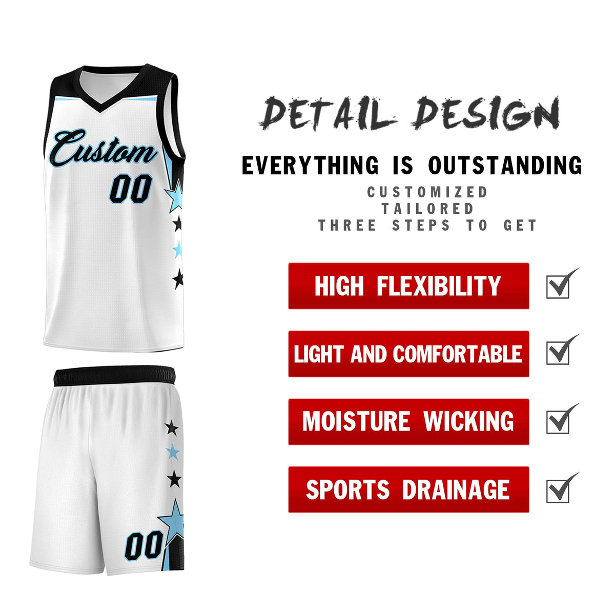 Custom Youth Basketball Uniform White Light Blue Two Tone Side Star Add Name Number &amp; Logo
