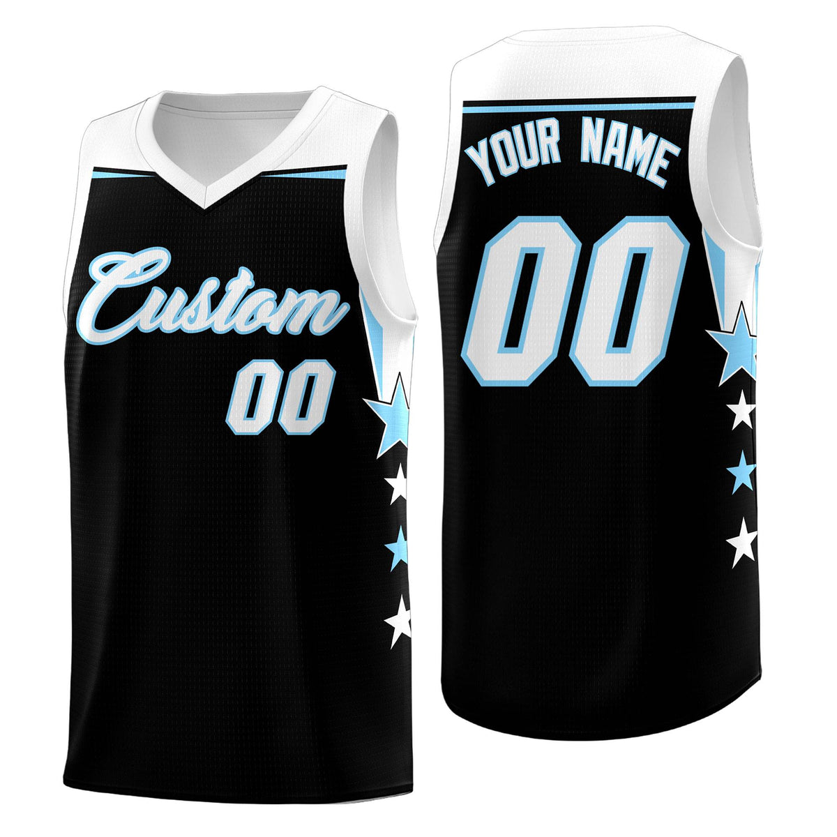 Custom Youth Basketball Uniform Black Light Blue Two Tone Side Star Personalized Team Jersey