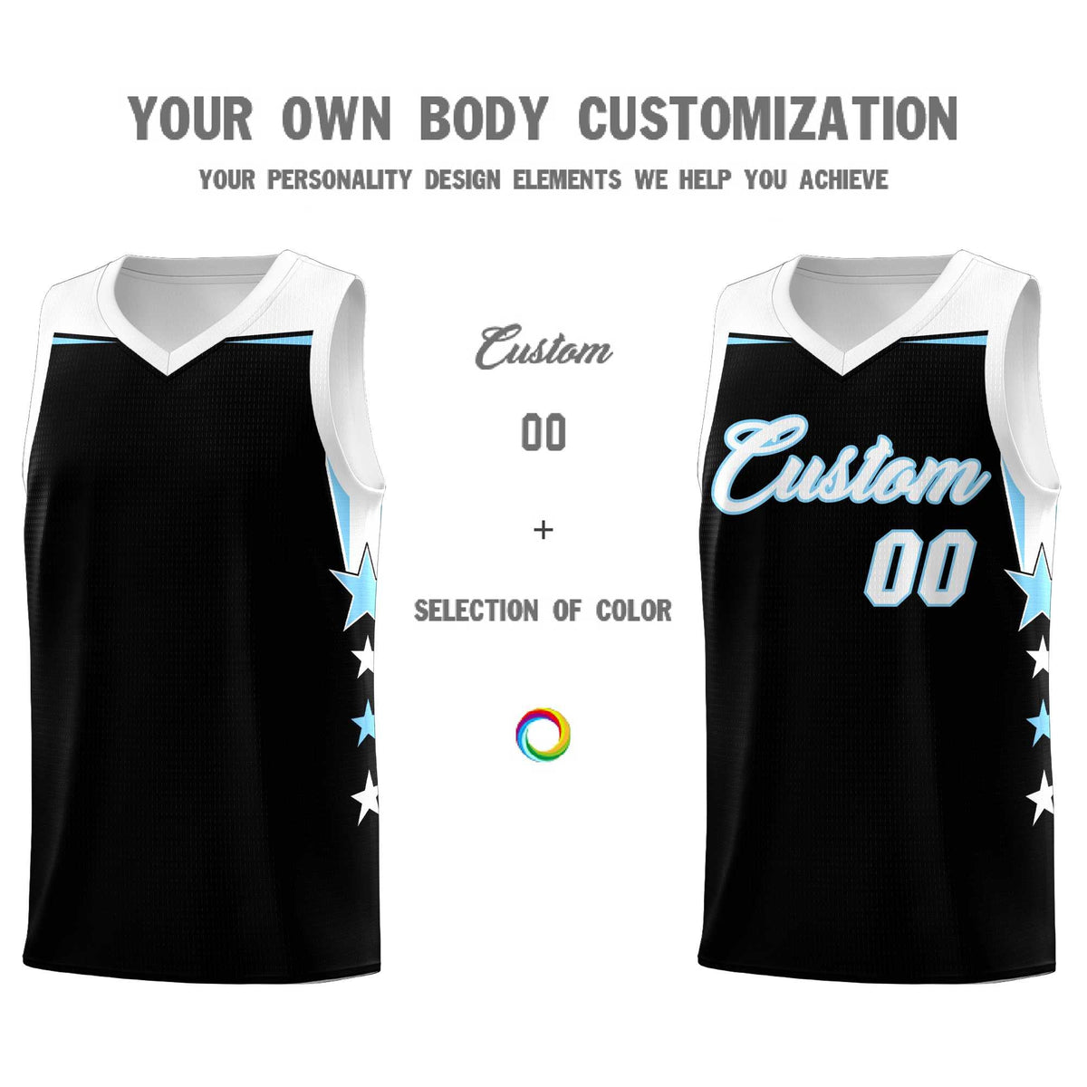 Custom Youth Basketball Uniform Black Light Blue Two Tone Side Star Personalized Team Jersey