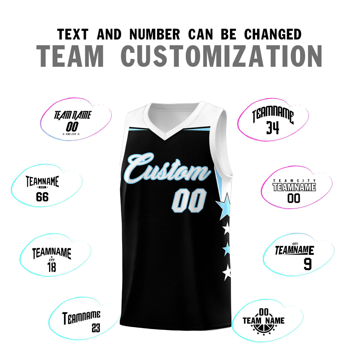 Custom Youth Basketball Uniform Black Light Blue Two Tone Side Star Personalized Team Jersey
