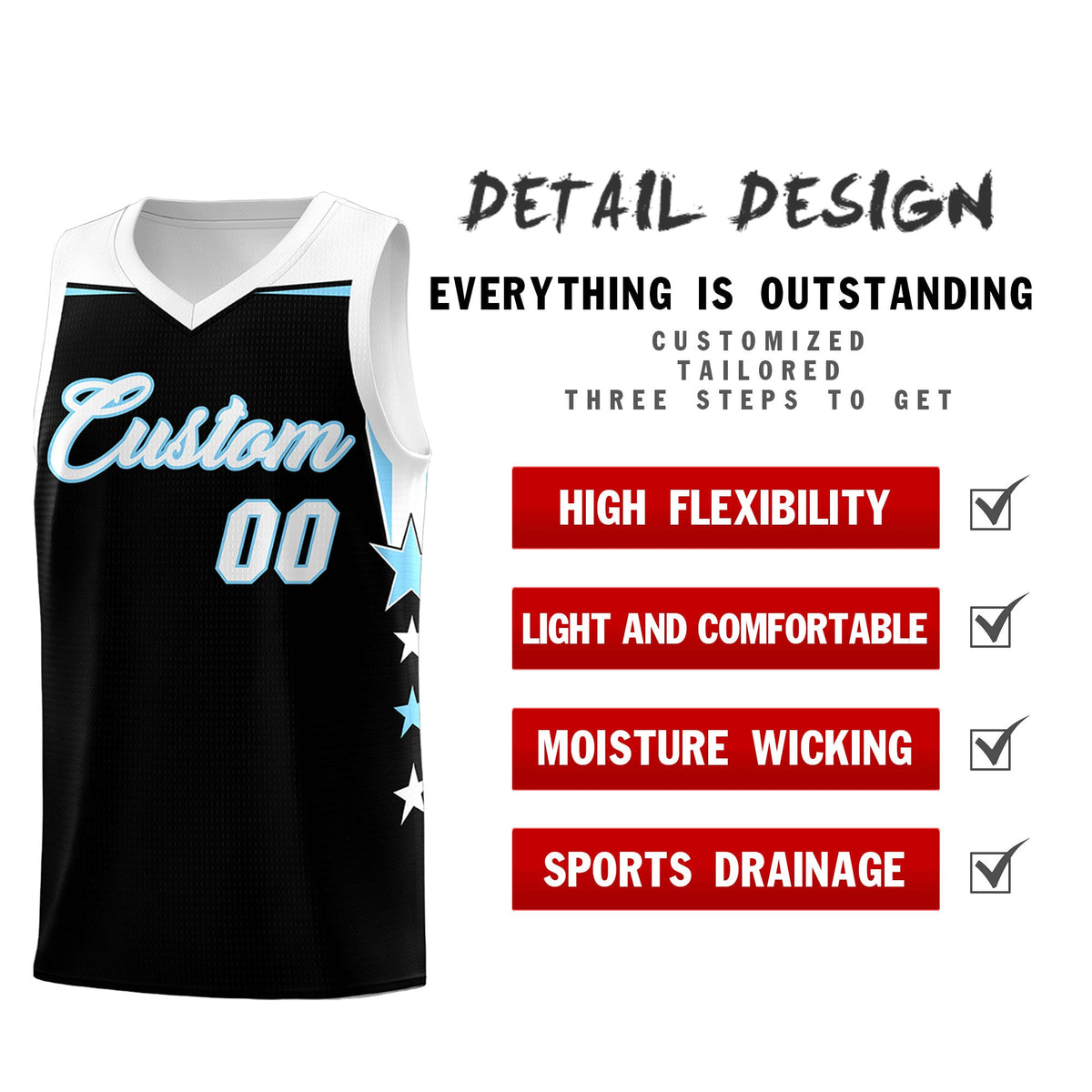 Custom Youth Basketball Uniform Black Light Blue Two Tone Side Star Personalized Team Jersey