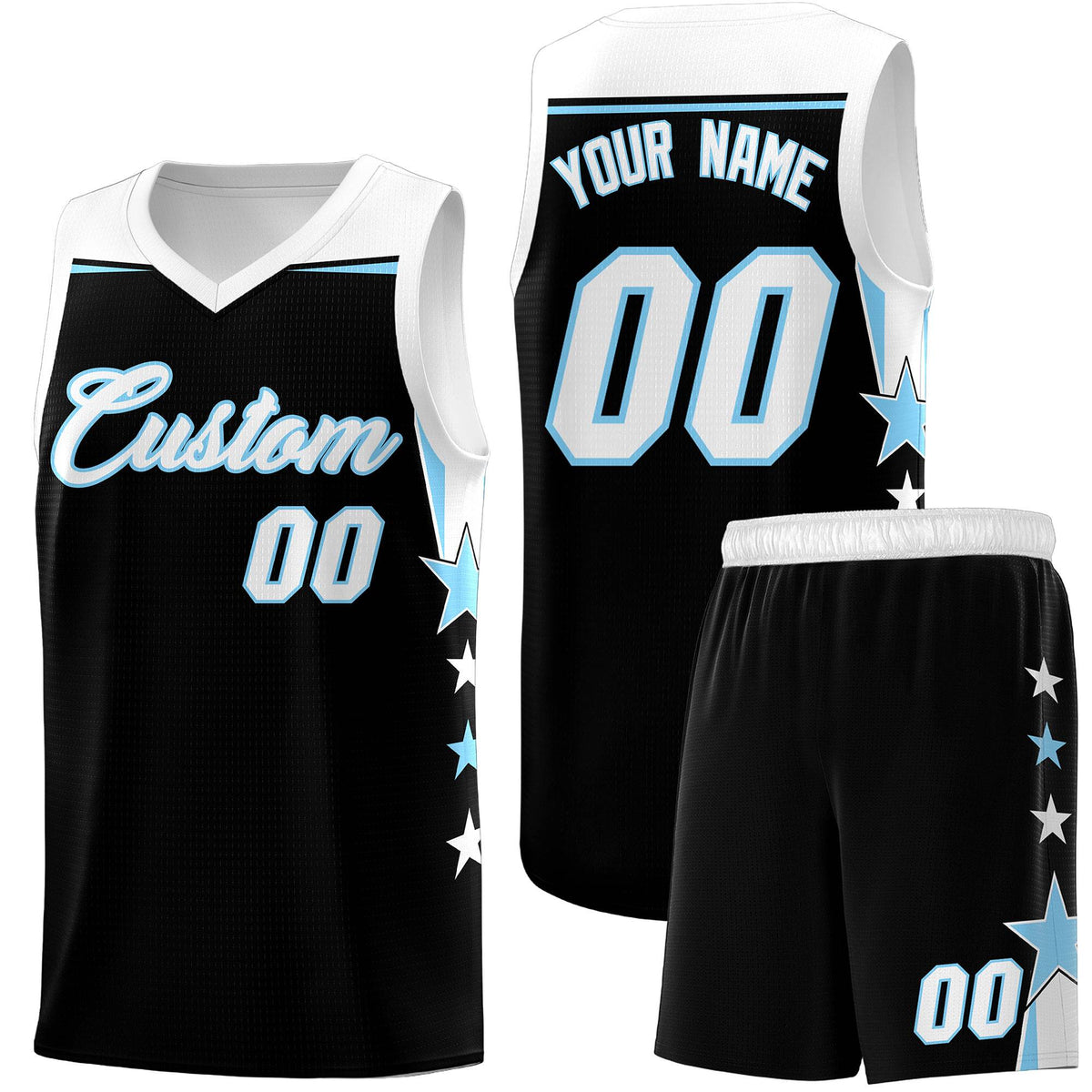 Custom Youth Basketball Uniform Black Light Blue Two Tone Side Star Personalized Team Jersey