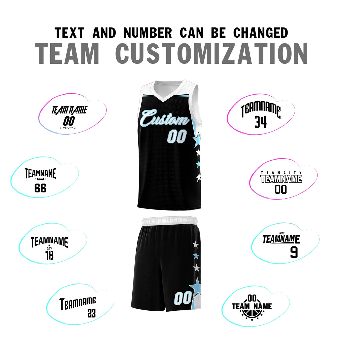 Custom Youth Basketball Uniform Black Light Blue Two Tone Side Star Personalized Team Jersey