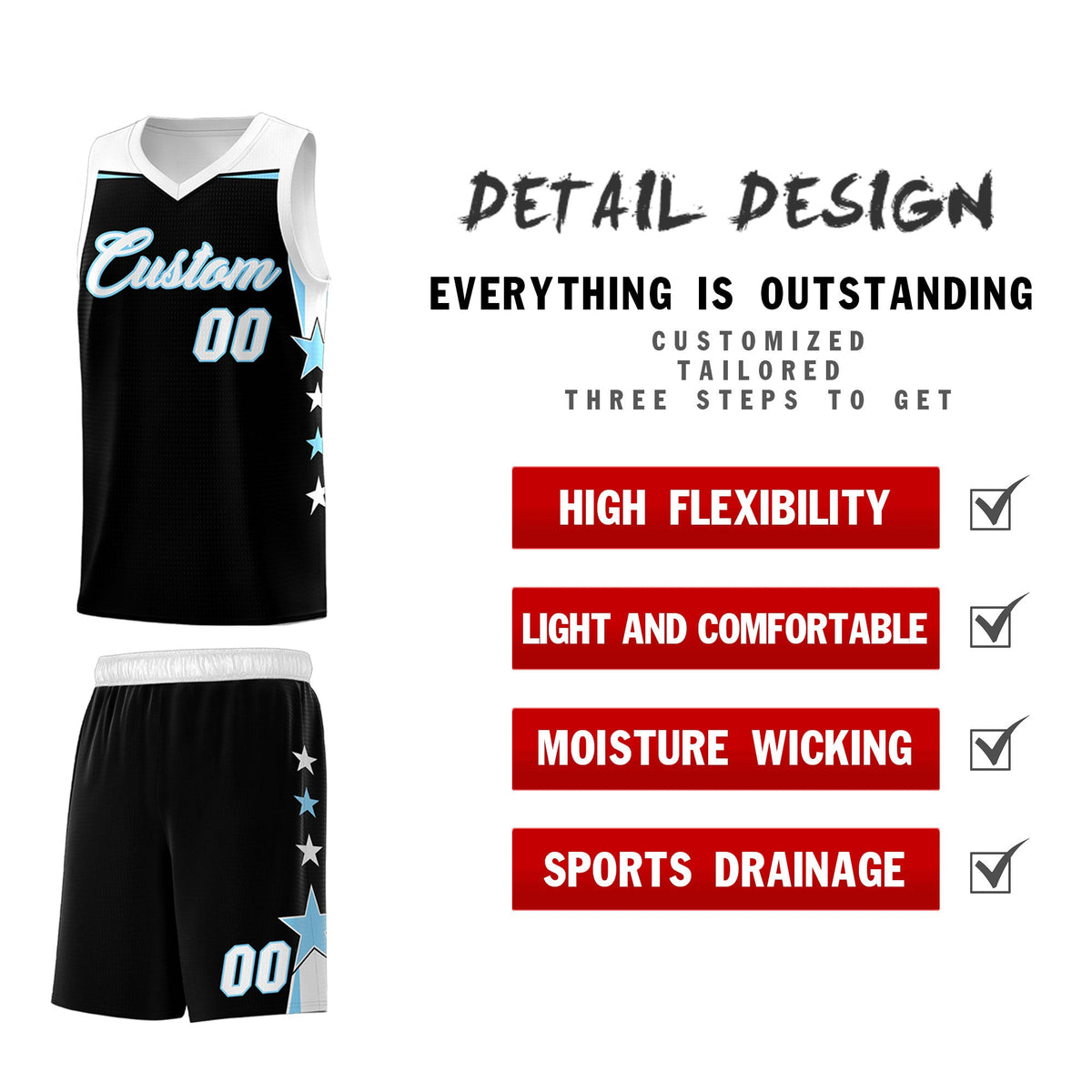 Custom Youth Basketball Uniform Black Light Blue Two Tone Side Star Personalized Team Jersey